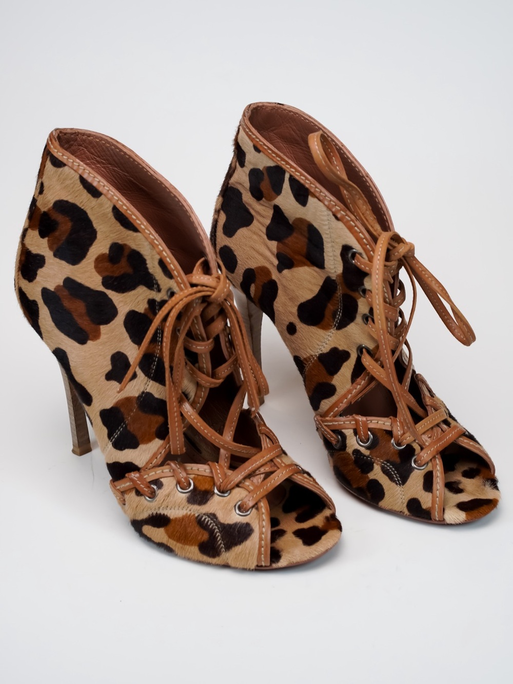 Vintage Alaïa Paris Leopard Pony Hair Lace-Up Ankle Boots Heels EU 37 US 7